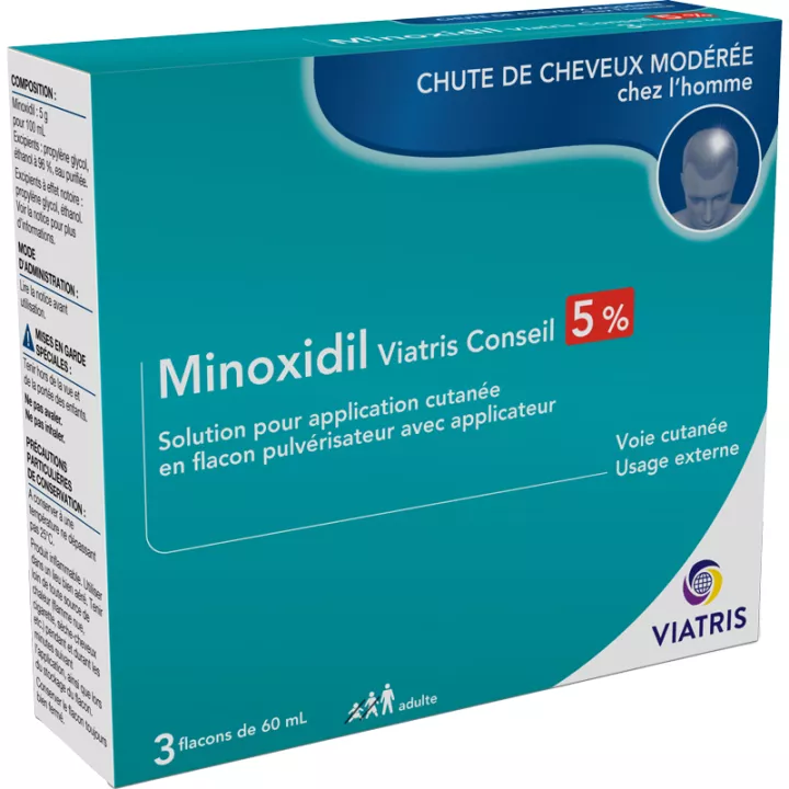 Viatris Ge minoxidil 5% solution favorise la pousse des cheveux 3x60 ml