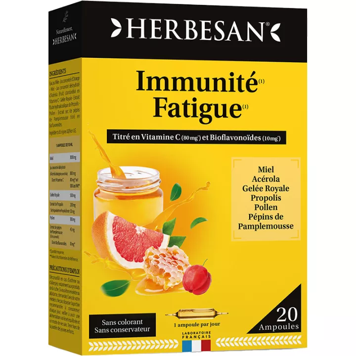 Herbesan Immunité & Fatigue Miel Gelée Royale Acérola Pollen Pamplemousse Propolis 20 ampoules