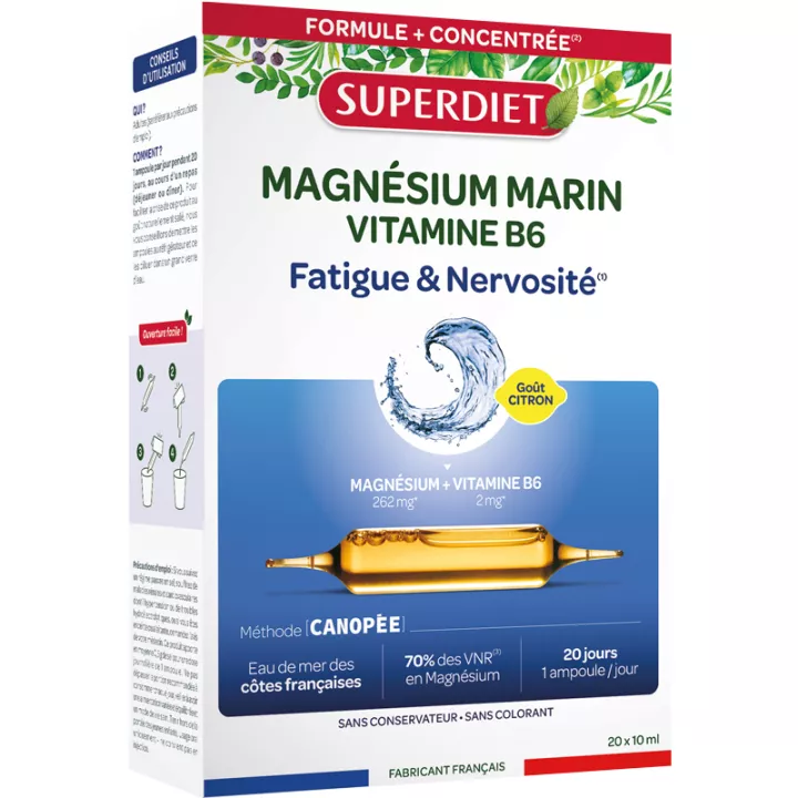 Superdiet Marinemagnesium und Vitamine B6 Müdigkeit Nervensystem 20 Ampullen