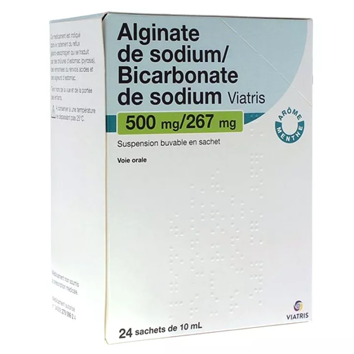 Alginato de sódio/bicarbonato de sódio Viatris 500 mg/267 mg, suspensão bebível 24 saquetas