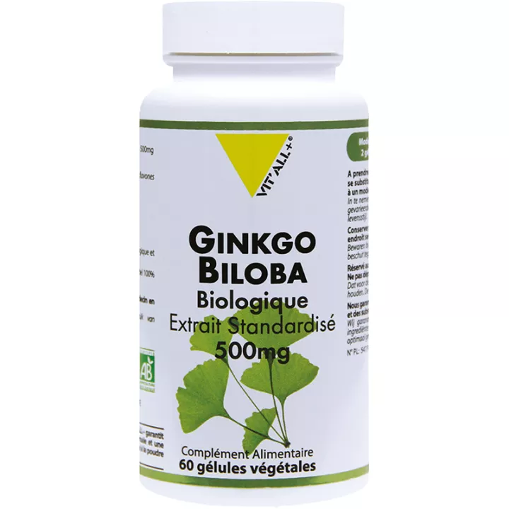 Vitall+ Ginkgo Biloba Bio 500mg Extrait Standardisé 60 gélules végétales