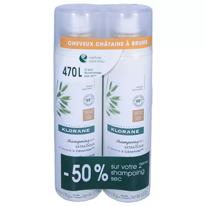 Klorane Shampooing Sec Teinté Avoine et Céramide Lot 2 sprays de 150 ml