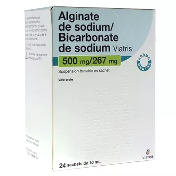 Alginato de sódio/bicarbonato de sódio Viatris 500 mg/267 mg, suspensão bebível 24 saquetas