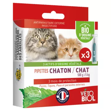 Vetobiol 3 pipettes Flea Natural Anti - Cat 1 to 5kg